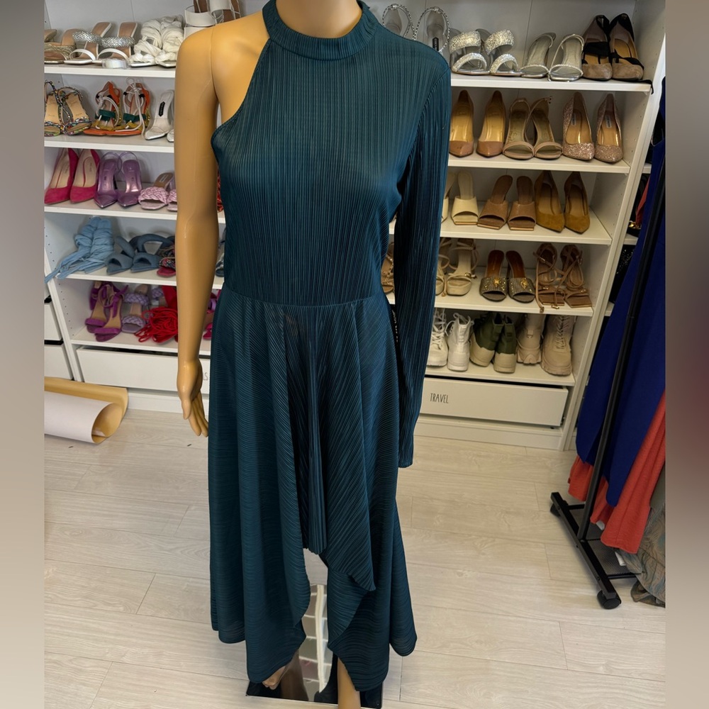 ASOS Asymmetric One Sleeve Green Plisse Dress